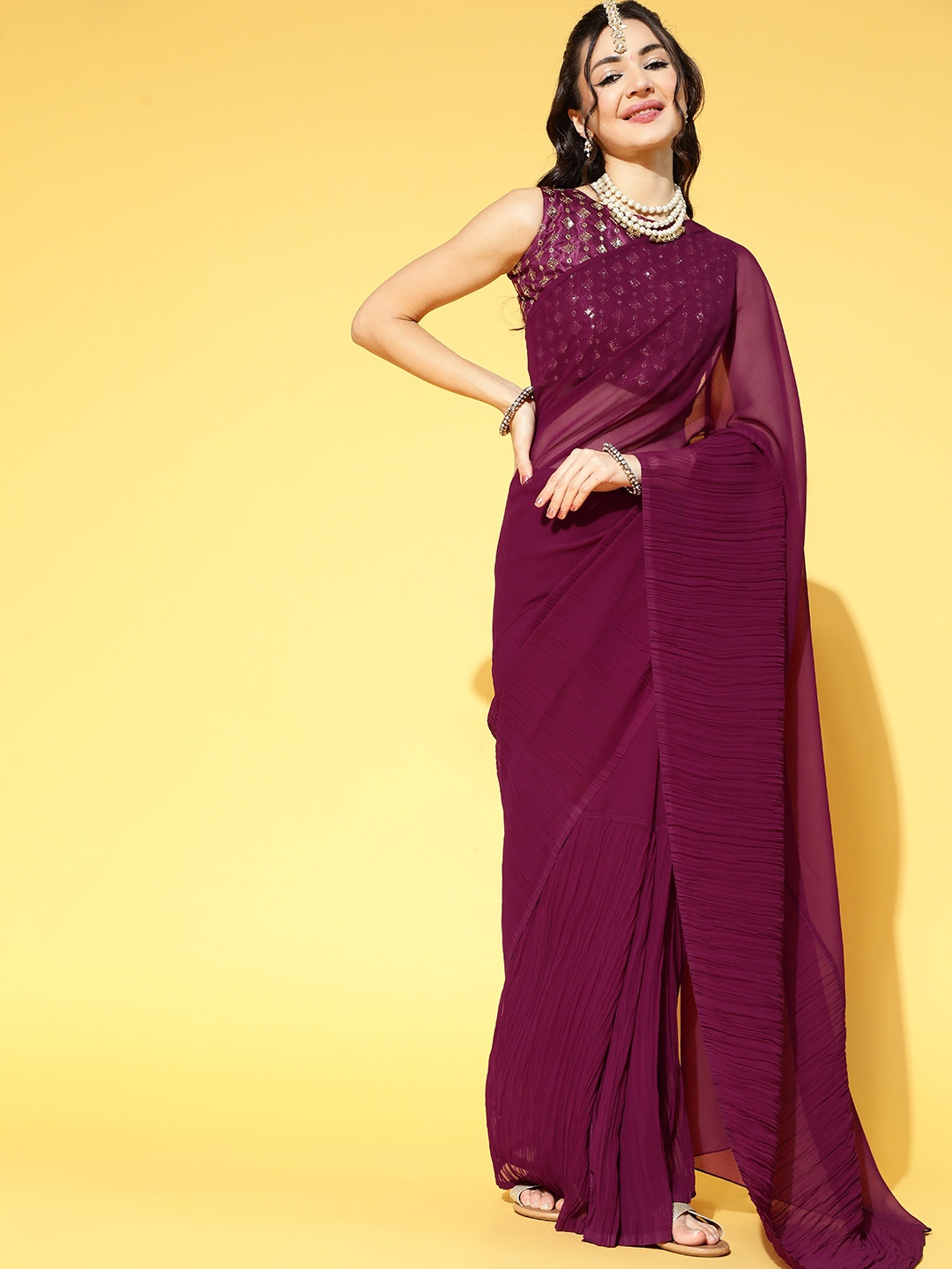 

Saree mall Purple Solid Poly Georgette Party Saree with Matching Blouse