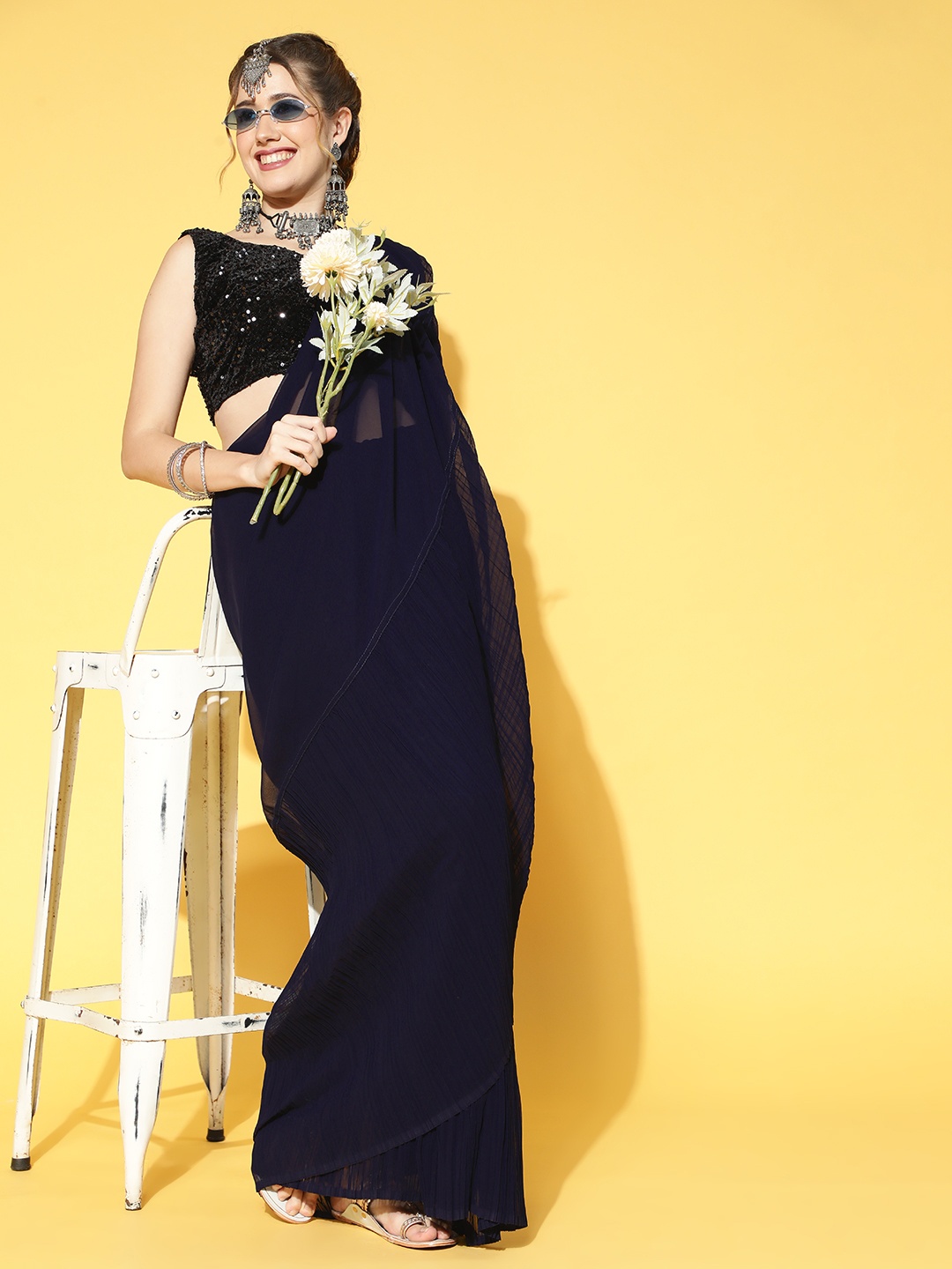 

Saree mall Navy Blue Solid Sarees