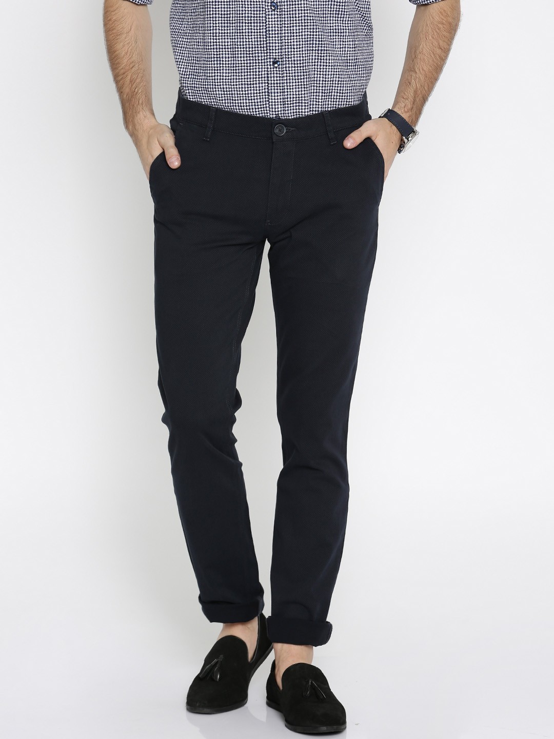 

John Players Men Navy Printed Slim Fit Flat-Front Trousers, Navy blue