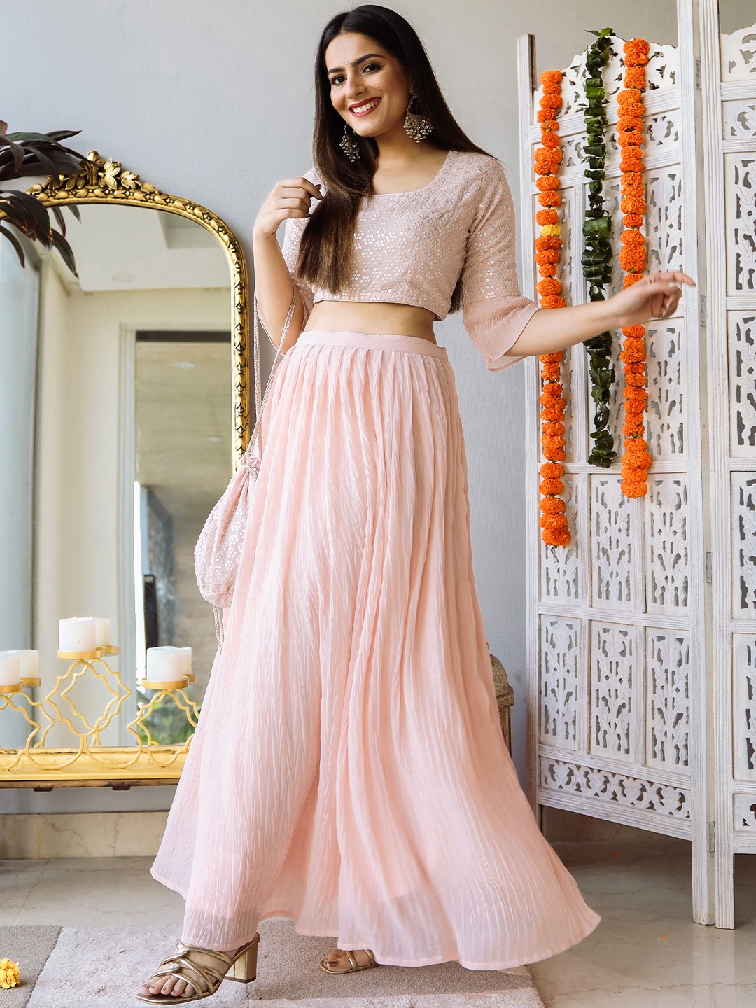 

Libas Pink Embellished Ready to Wear Lehenga Choli with Potli