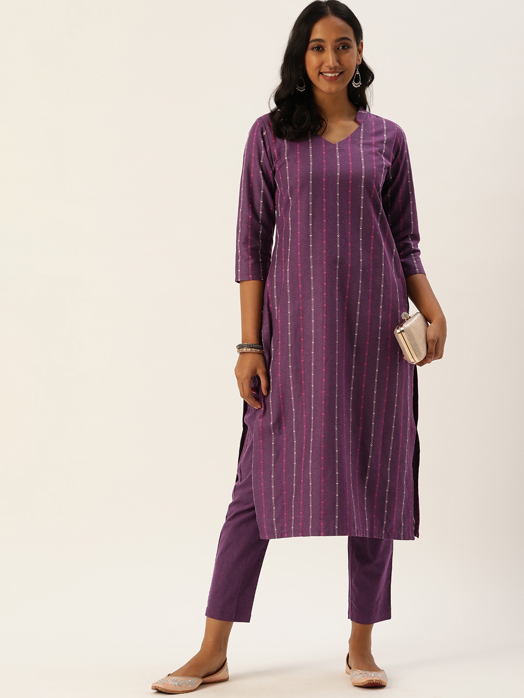 

Saanjh Women Violet Cotton Blend Woven Designed Straight Kurti with Trousers