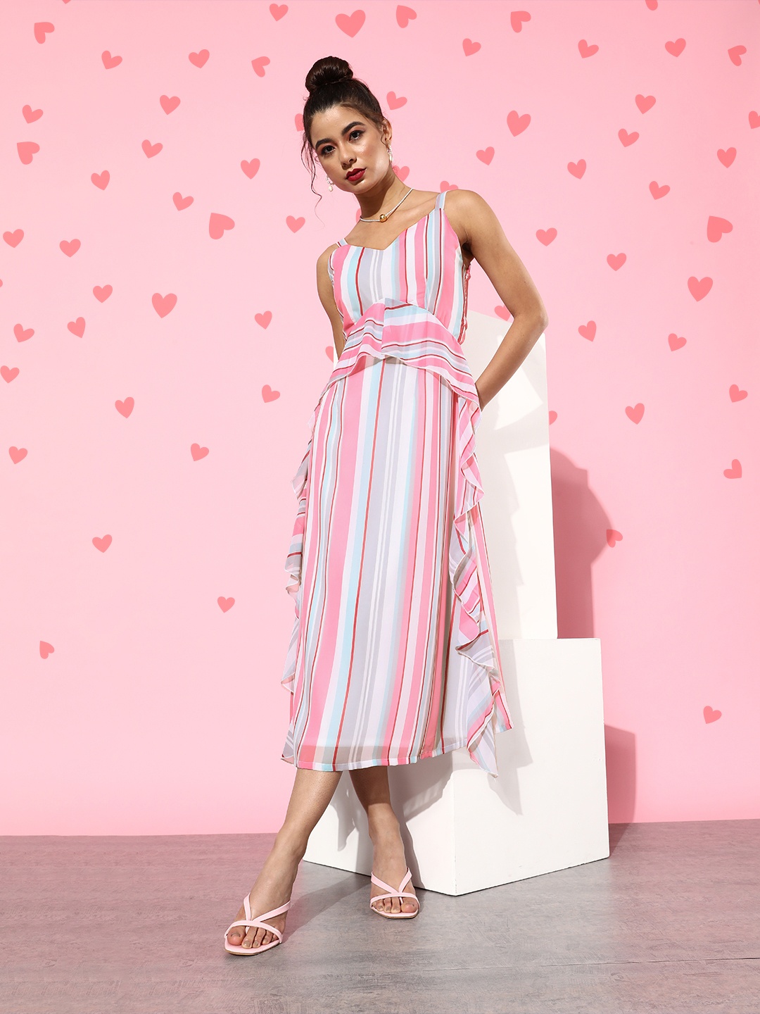 

DODO & MOA Pink Striped Ruffled Dress