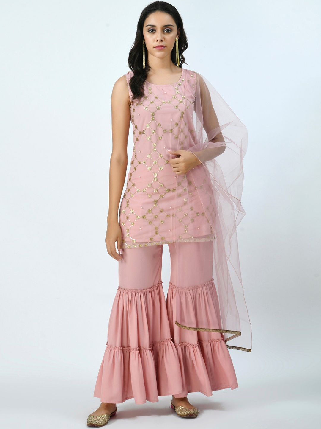 

V&M Women Pink Embroidered Sequinned Kurti with Sharara & Dupatta