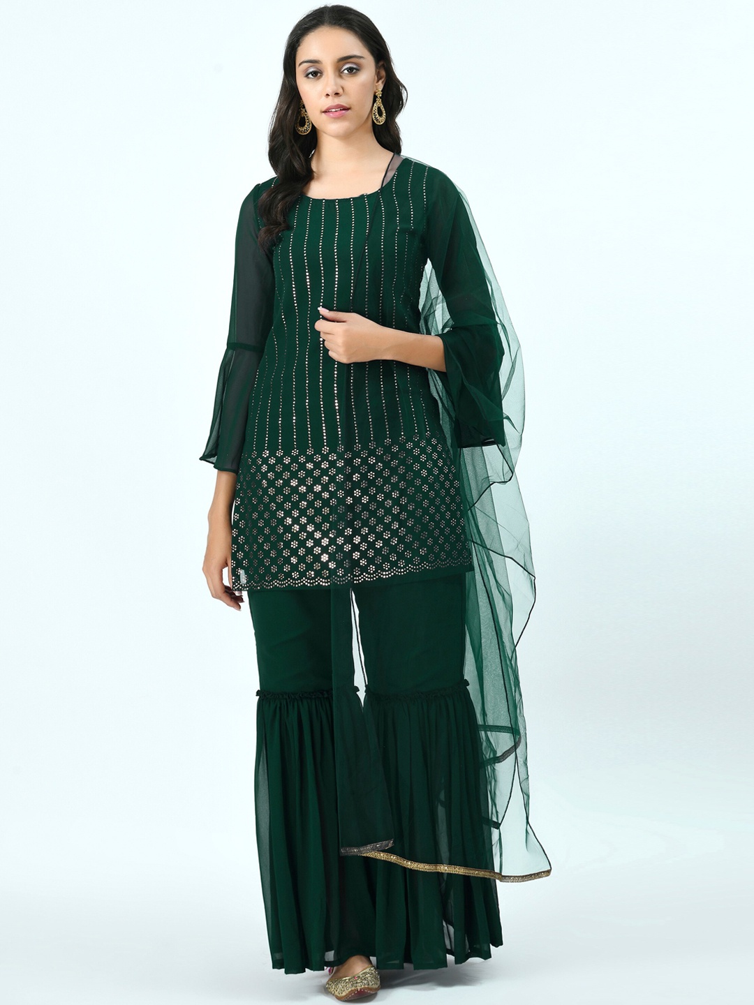 

V&M Women Green Embellished Kurti with Sharara & Dupatta