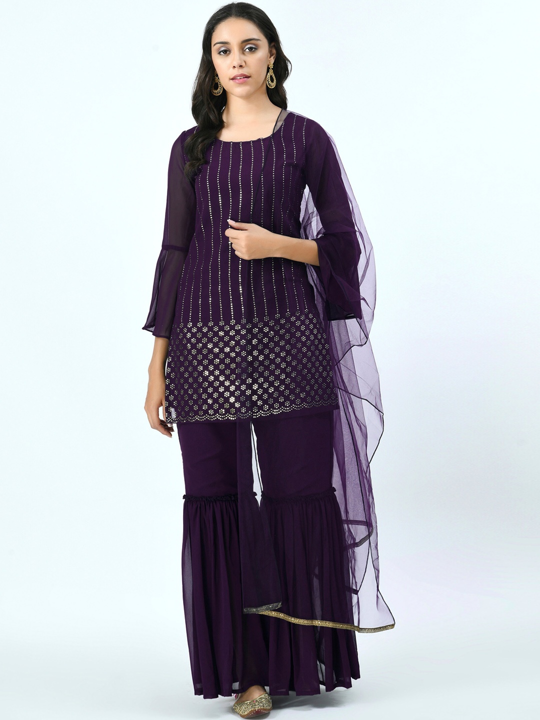 

V&M Women Purple Mirror Work Kurta With Sharara & Net Dupatta