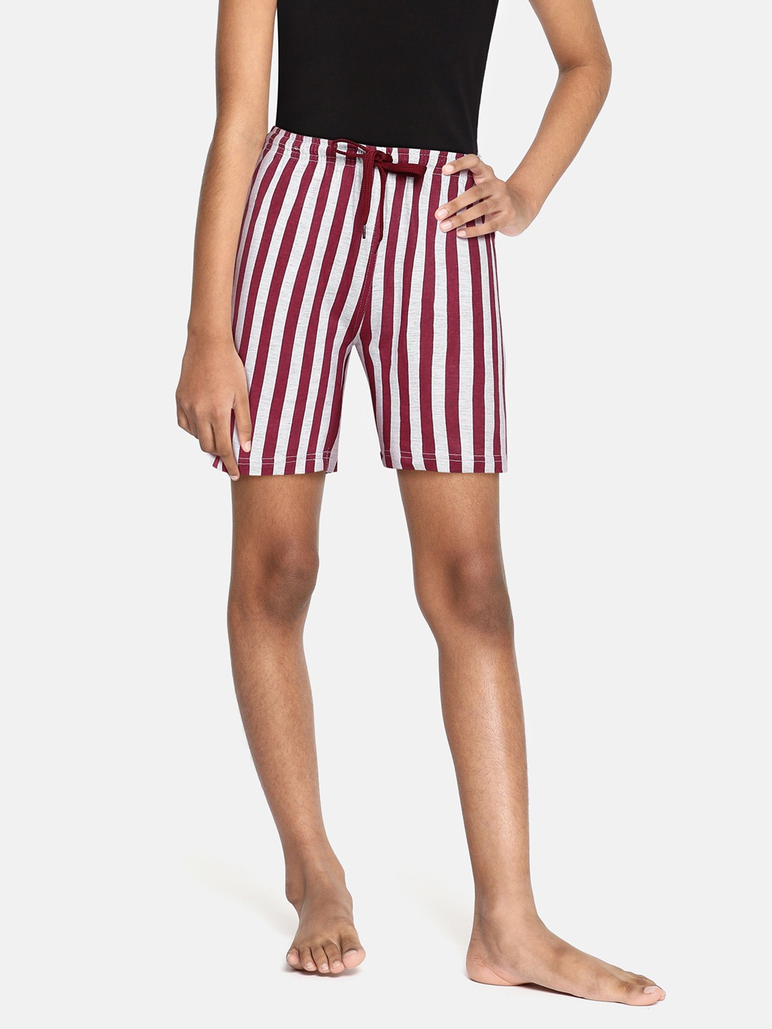 

SEYBIL Girls Grey Melange & Maroon Striped Lounge Shorts