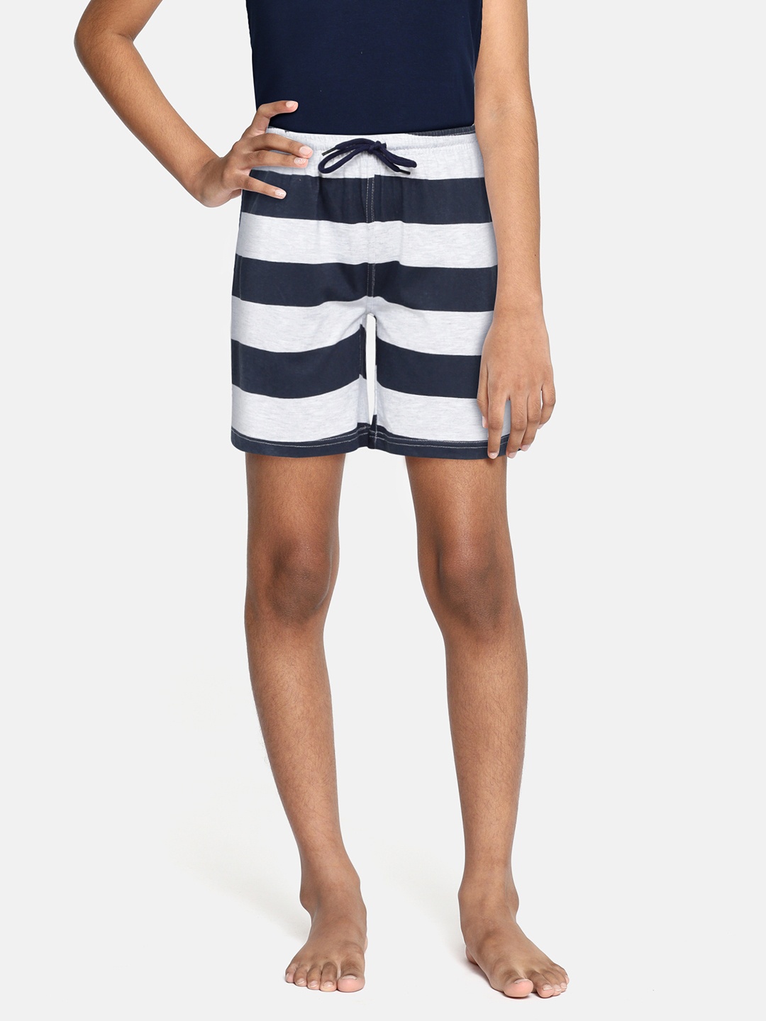 

SEYBIL Girls Grey Melange & Navy Blue Striped Lounge Shorts