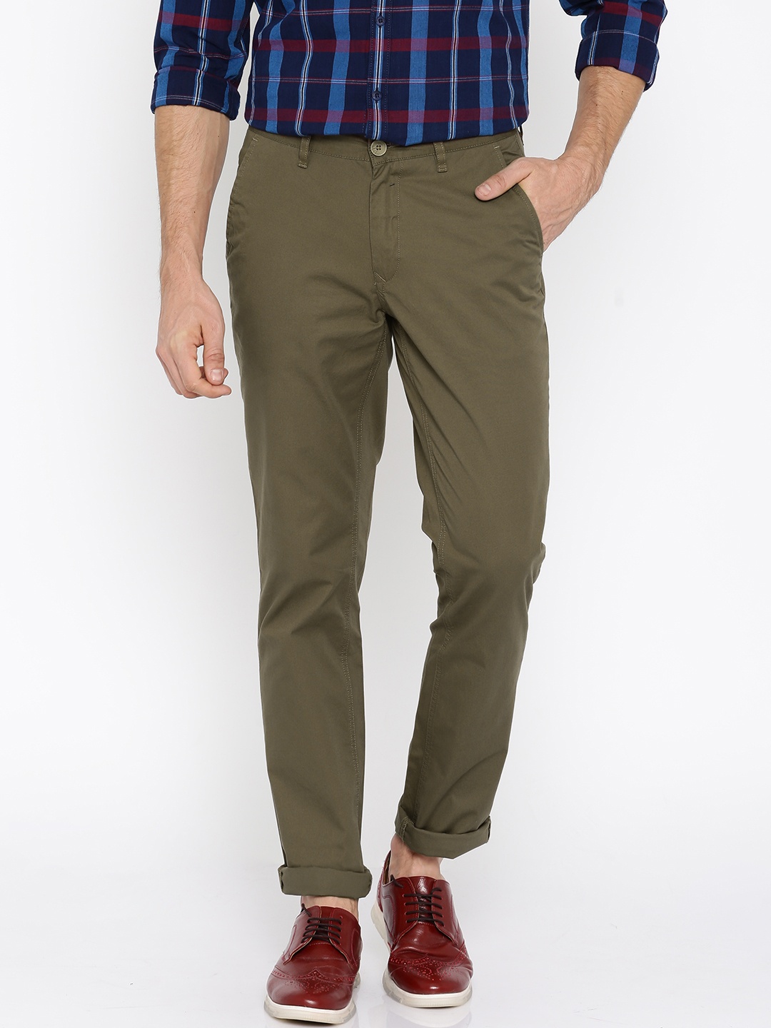 

John Players Men Olive Green Slim Fit Trousers