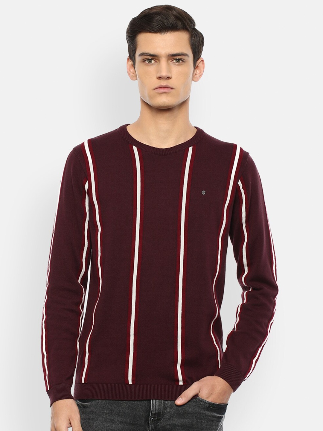 

V Dot Men Maroon & White Striped Pure Cotton Pullover