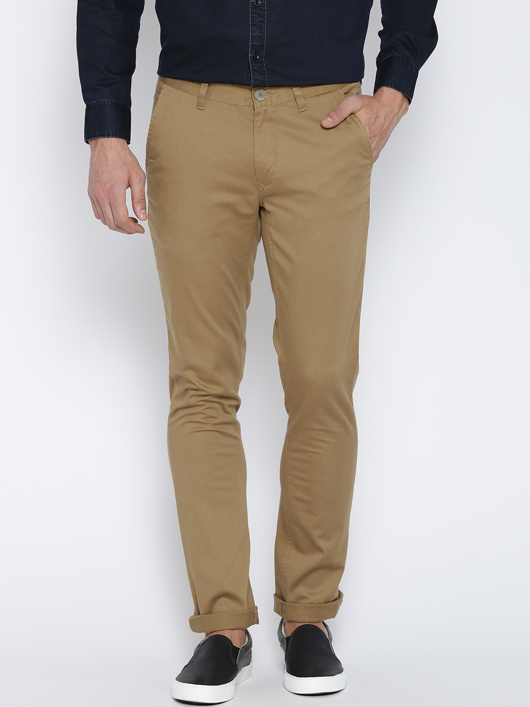 

John Players Khaki Solid Slim Fit Flat-Front Trousers