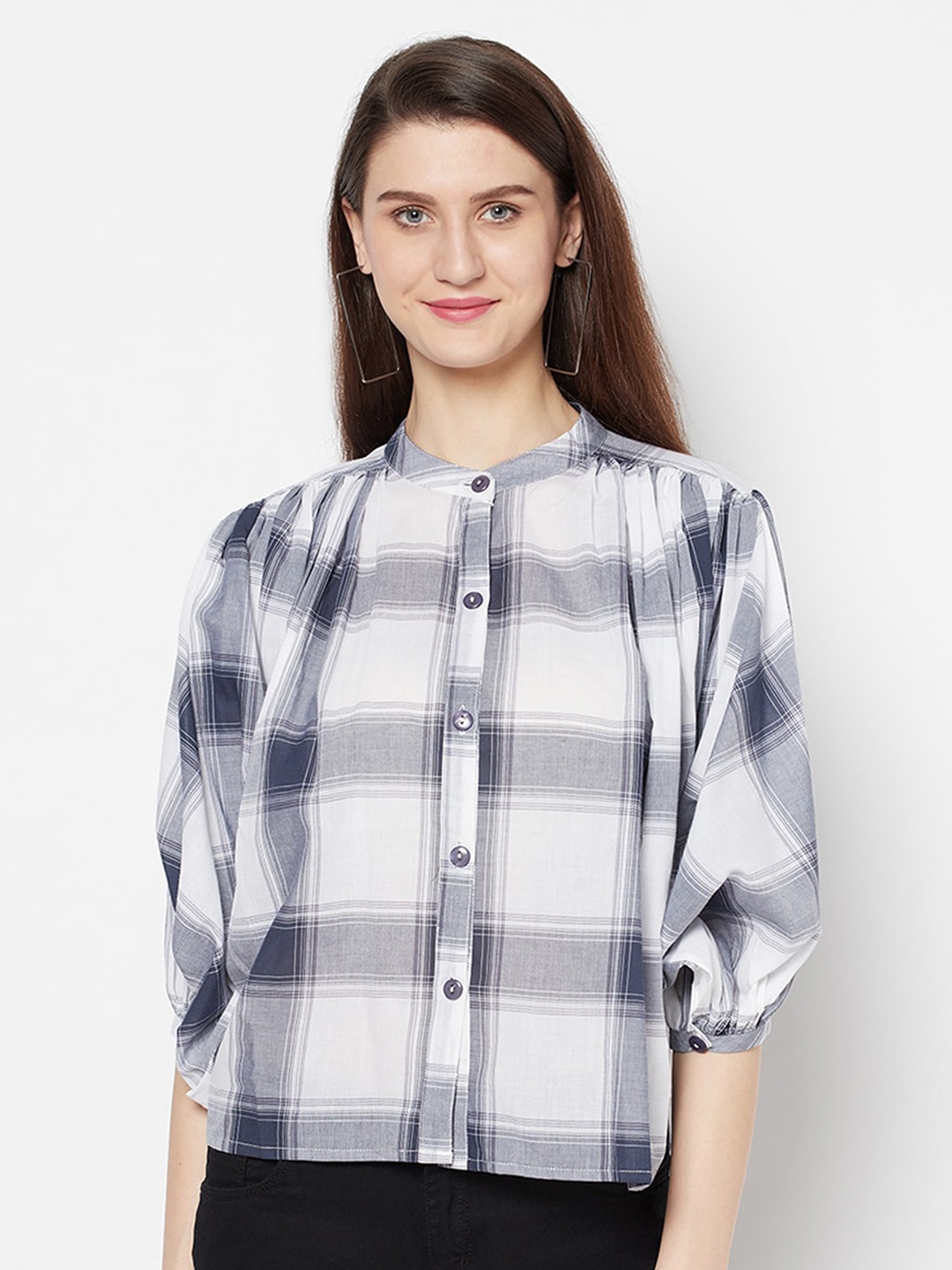 

Purple State White Checked Mandarin Collar Shirt Style Top