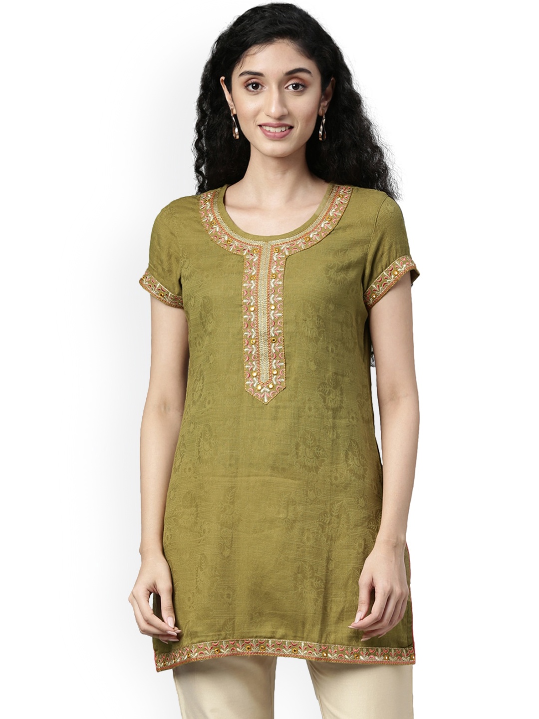 

Souchii Women Olive Green Woven Design Kurta