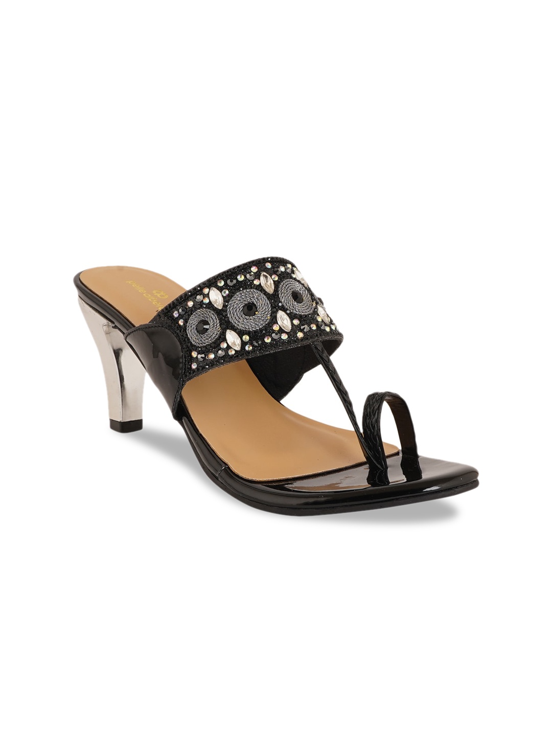 

pelle albero Black Embellished Party Block Sandals