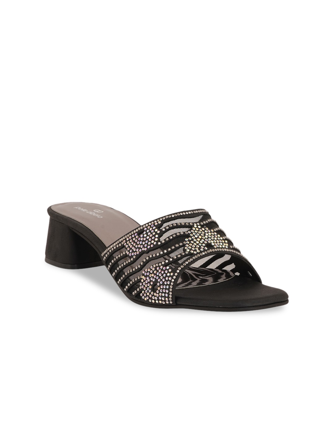 

pelle albero Black Embellished Party Block Mules