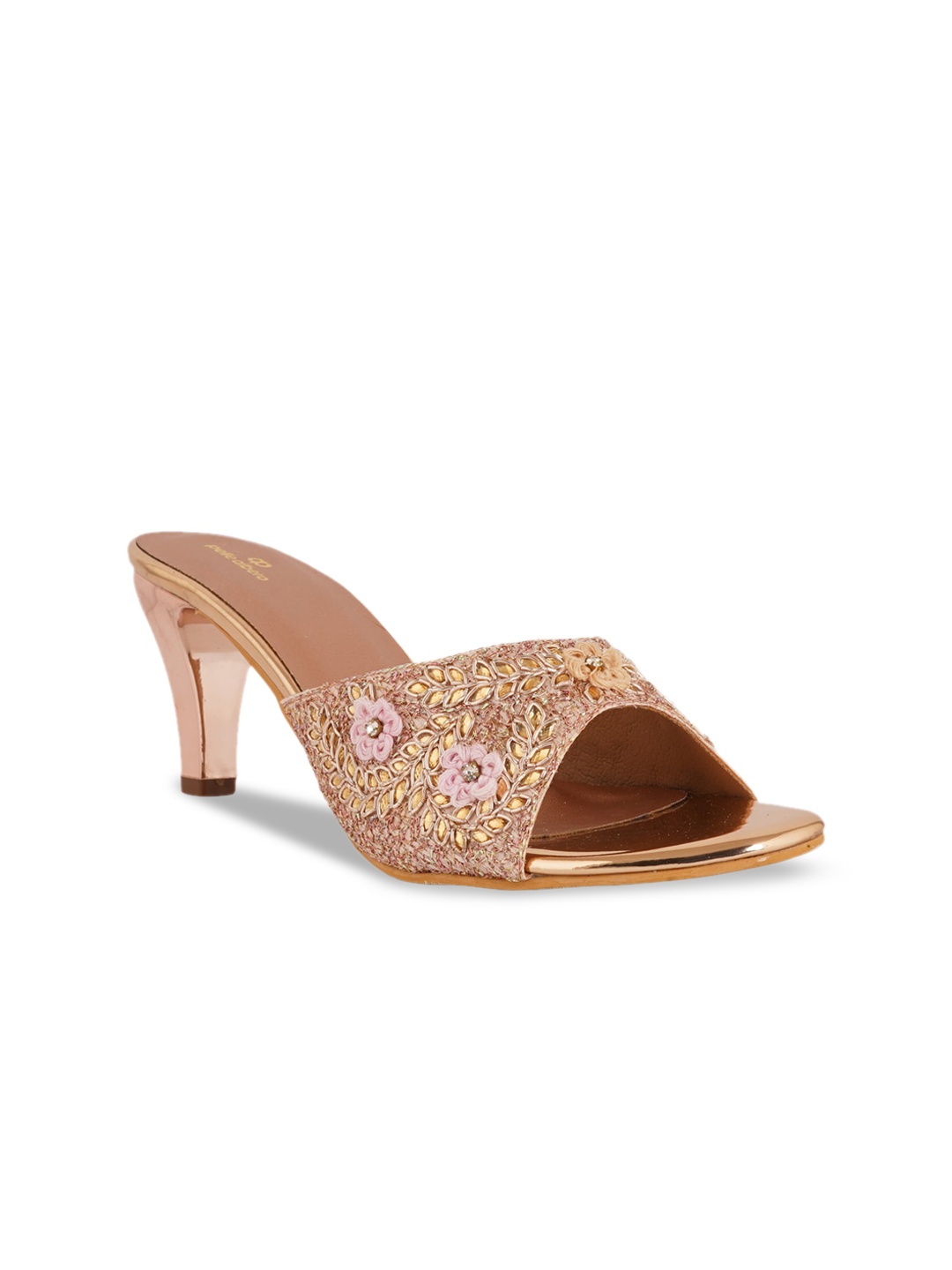 

pelle albero Peach-Coloured Embellished Party Block Mules