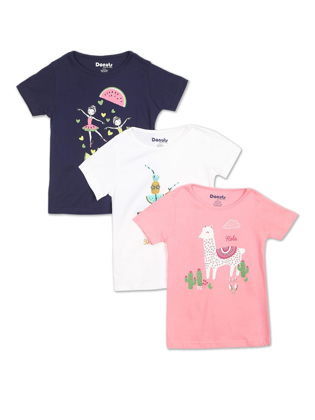 

Donuts Girls Pack Of 3 Graphic Printed T-shirt, Pink