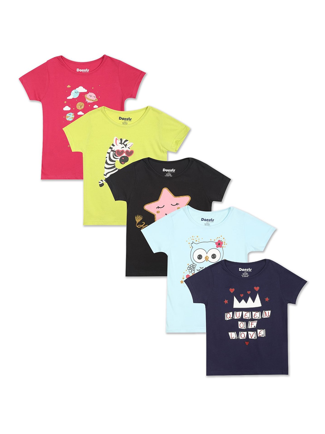 

Donuts Girls Pack of 5 Printed Cotton T-shirt, Pink