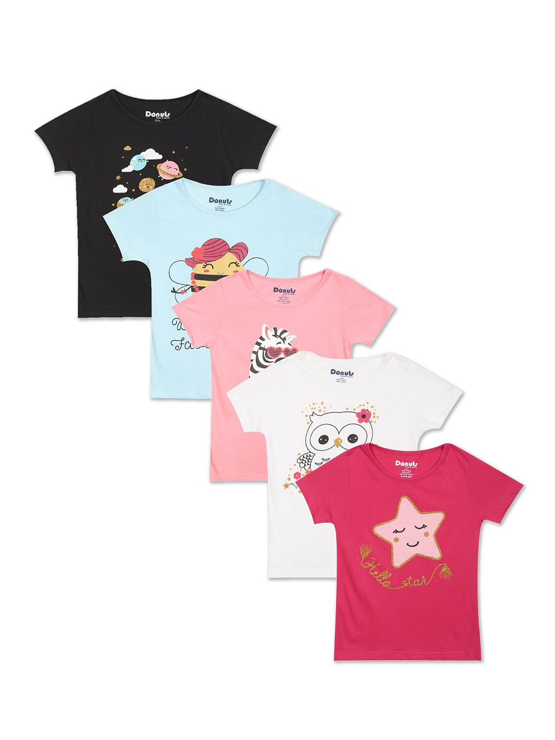 

Donuts Girls Pack Of 5 Assorted Printed Cotton Blend T-shirts