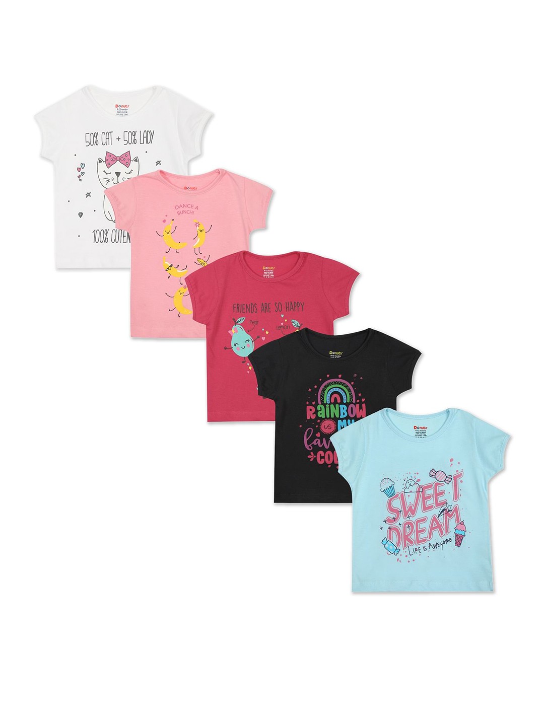 

Donuts Girls Assorted Pack of 5 Printed Pure Cotton T-shirt