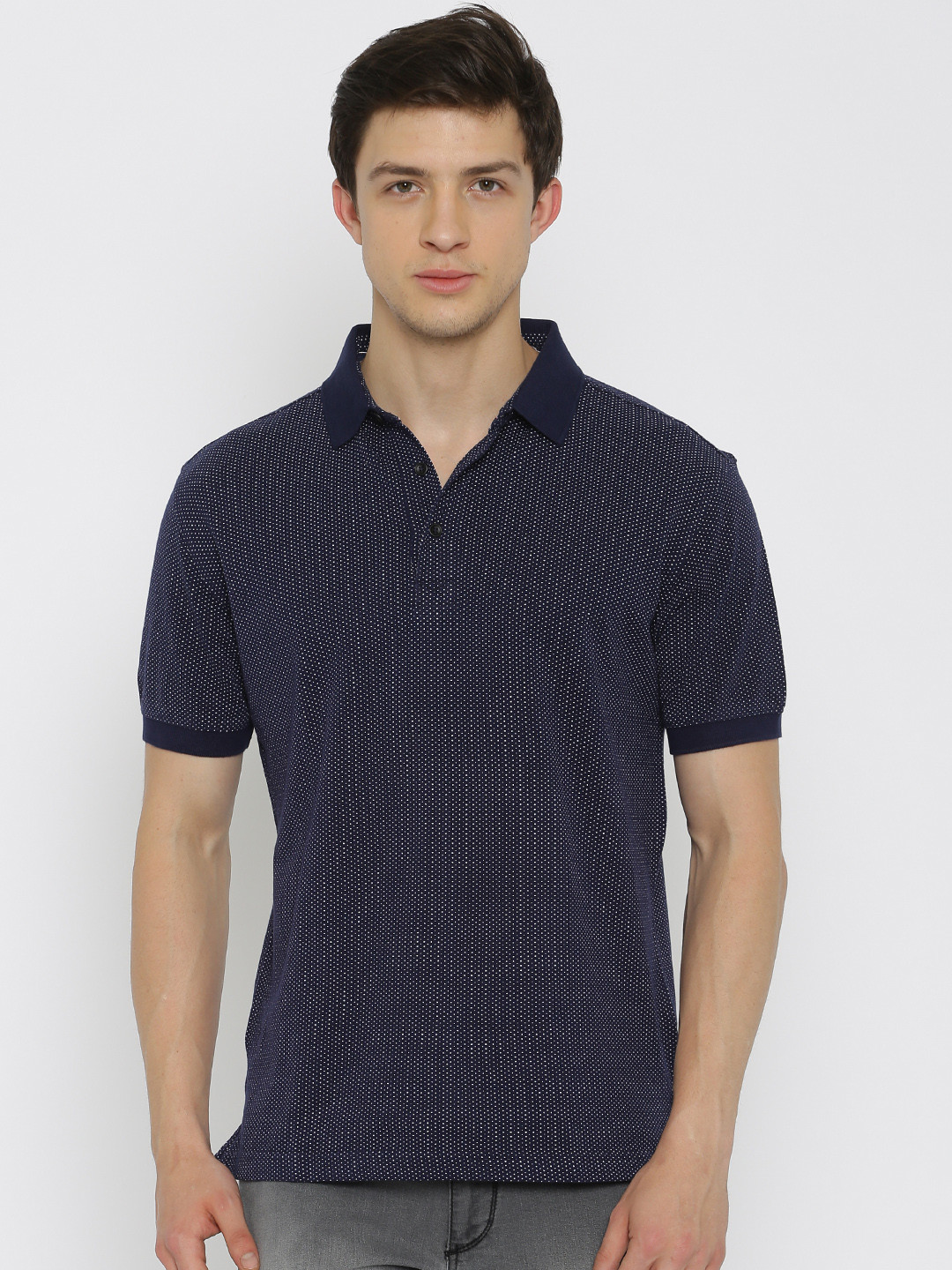 

John Players Men Navy White Printed Polo Pure Cotton T-shirt, Navy blue