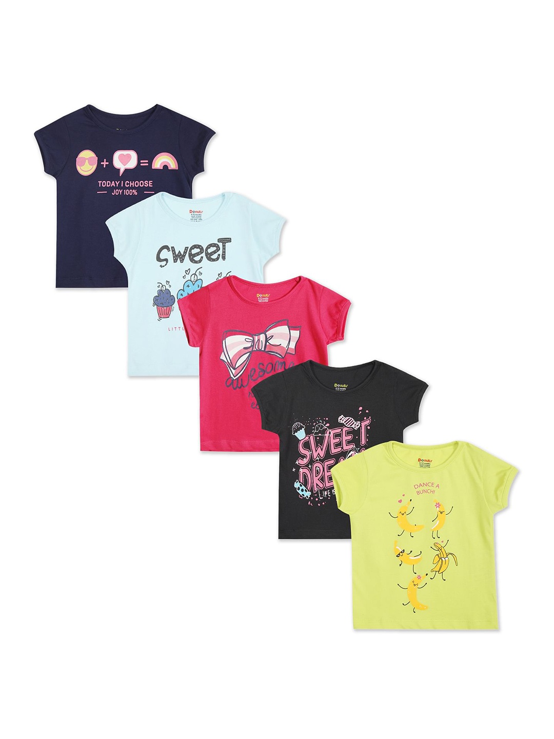

Donuts Girls Pack Of 5 Typography Printed T-shirt, Navy blue