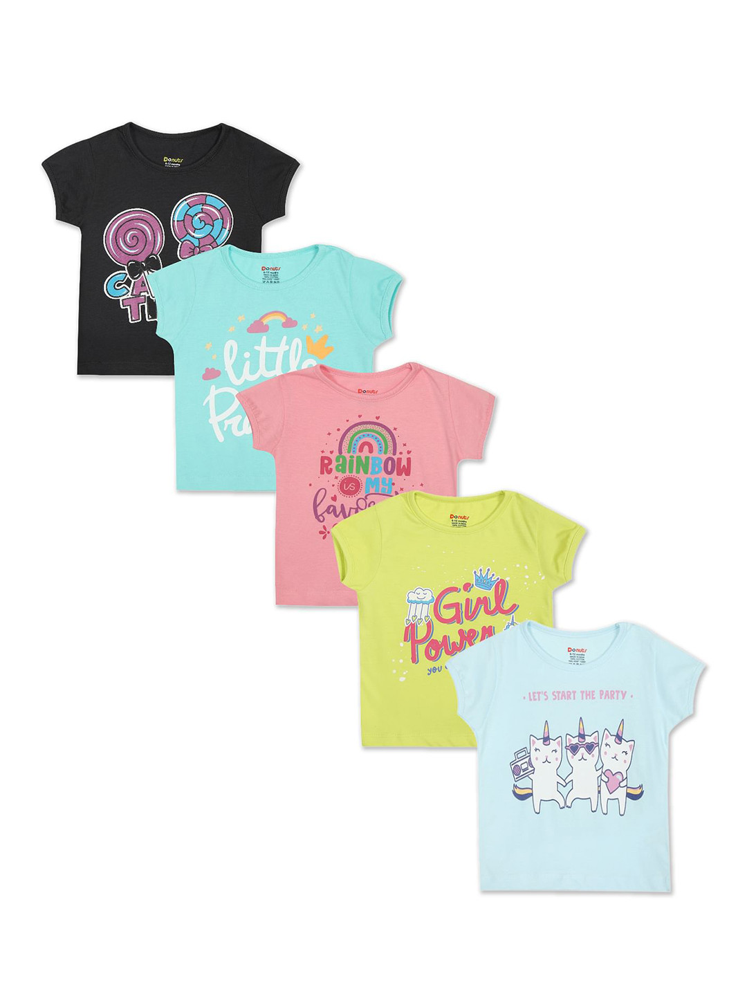 

Donuts Girls Pack of 5 Assorted Printed Pure Cotton T-shirt