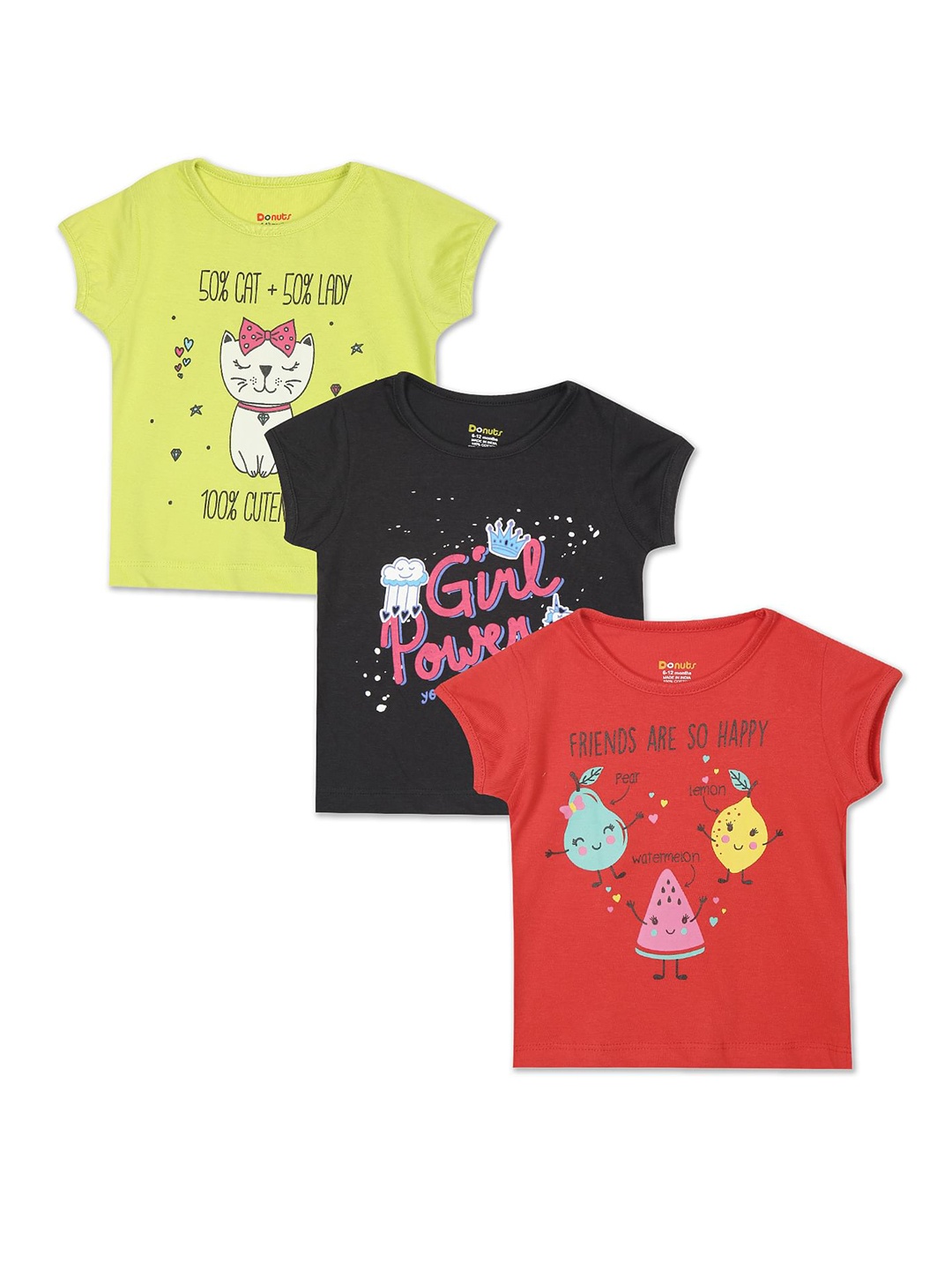 

Donuts Girls Pack of 3 Printed Pure Cotton T-shirts, Assorted