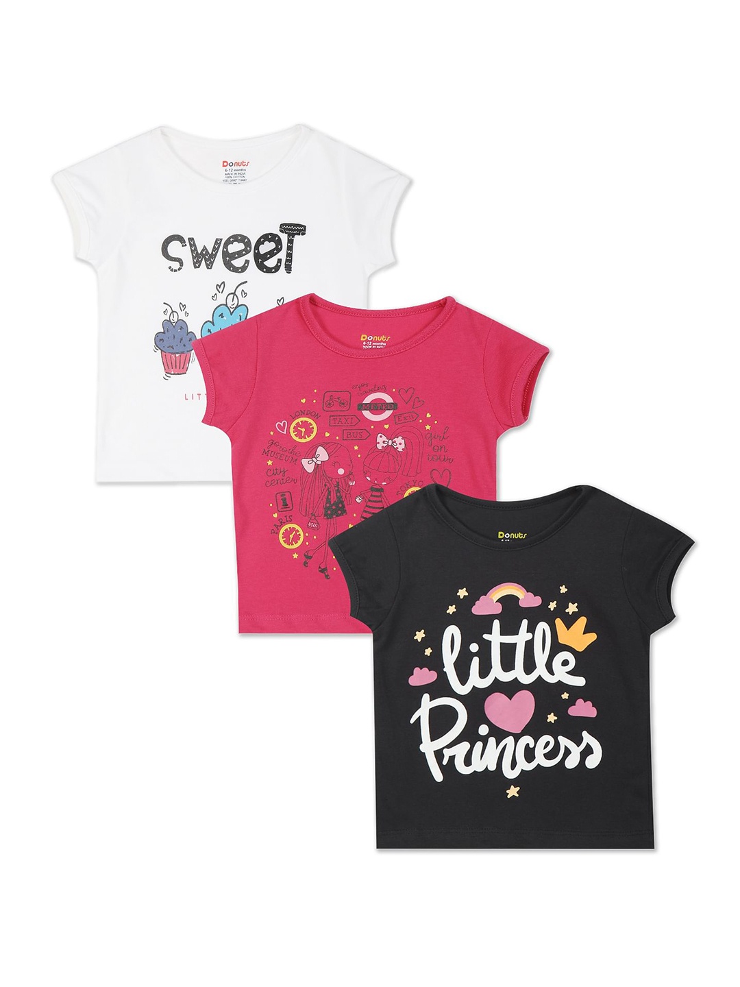 

Donuts Girls Pack Of 3 Assorted Graphic Printed Pure Cotton T-shirt