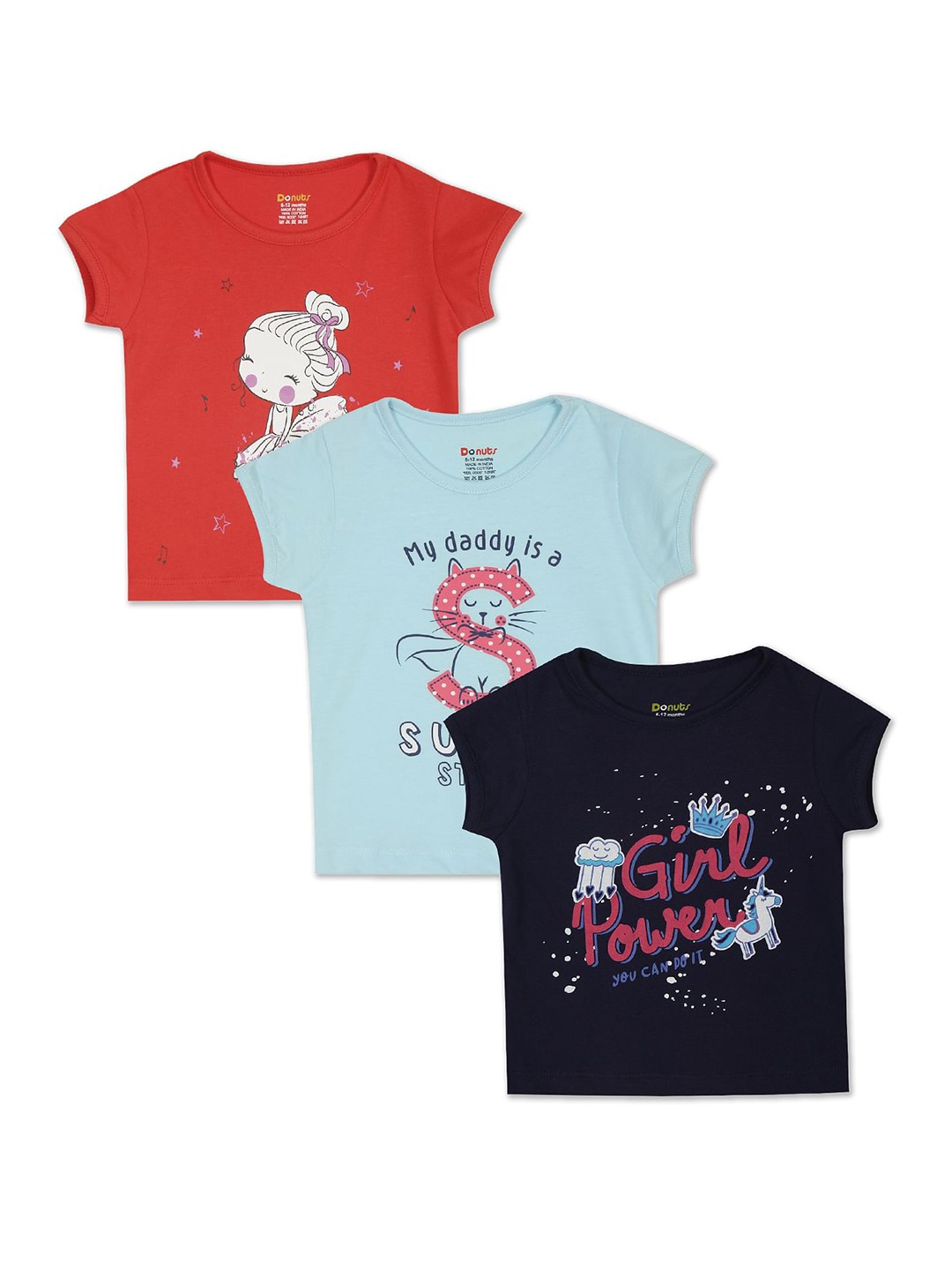 

Donuts Girls Pack Of 3 Printed Pure Cotton T-shirts, Red