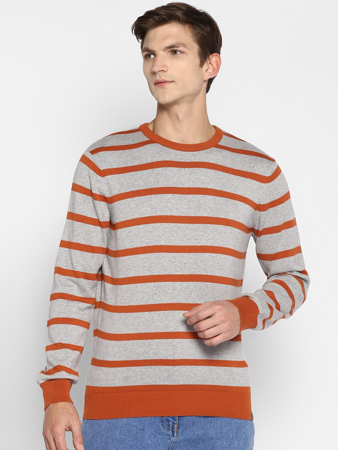 

Red Chief Men Grey & Orange Striped Cotton Pullover