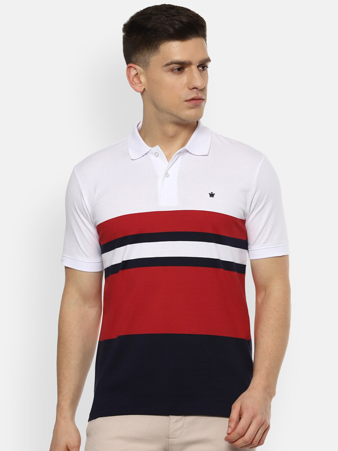 

Louis Philippe Sport Men White & Red Striped Polo Collar Pure Cotton T-shirt
