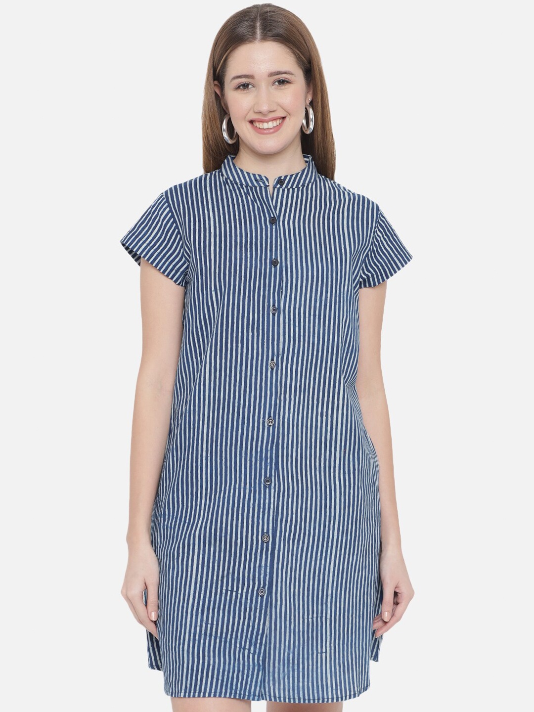 

Indietoga Blue Plus Size Indigo Hand Block Striped Sustainable Pure Cotton Shirt Dress, Navy blue