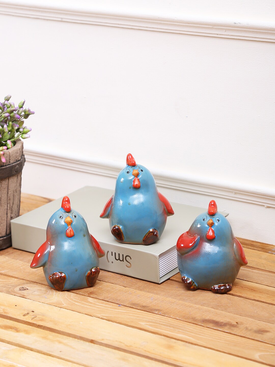 

TAYHAA Set Of 3 Blue Ceramic Rooster Show Pieces