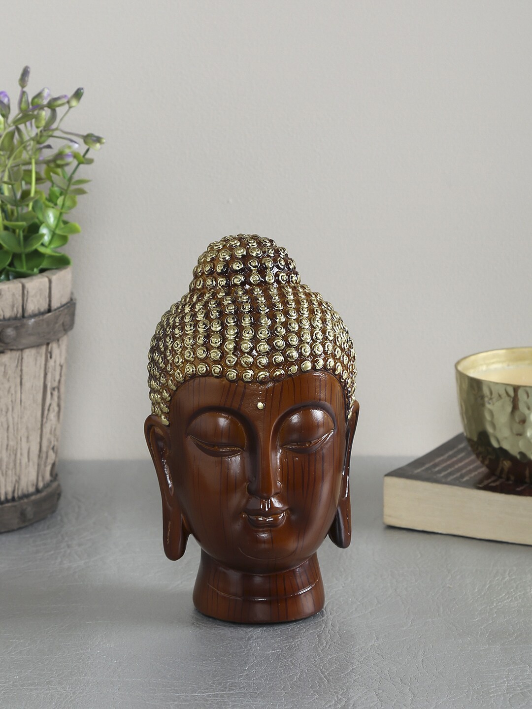 

TAYHAA Brown Buddha Face Resin Art with Wooden Vibe