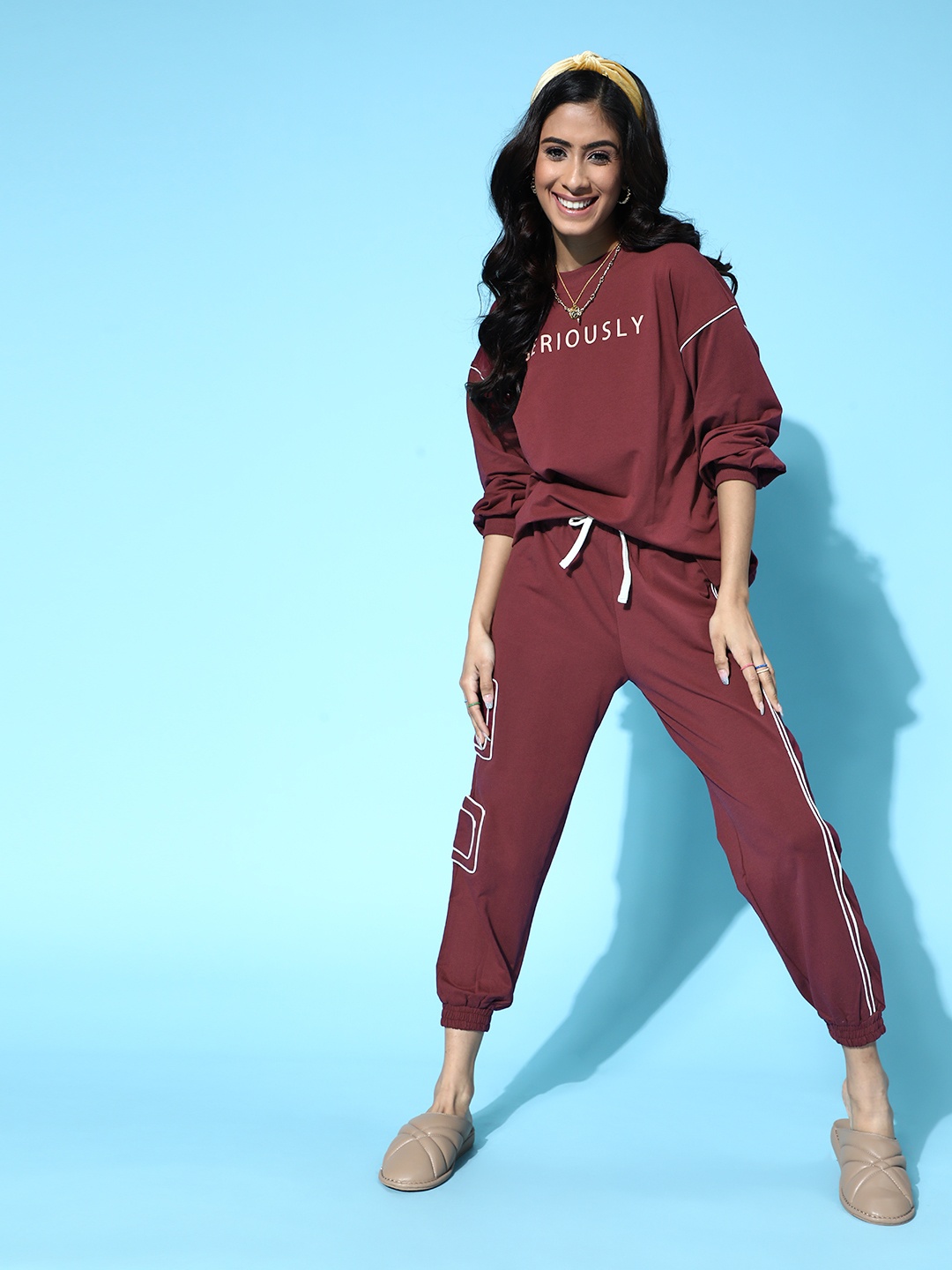 ANWAIND Women Charming Maroon Printed Co-Ords
