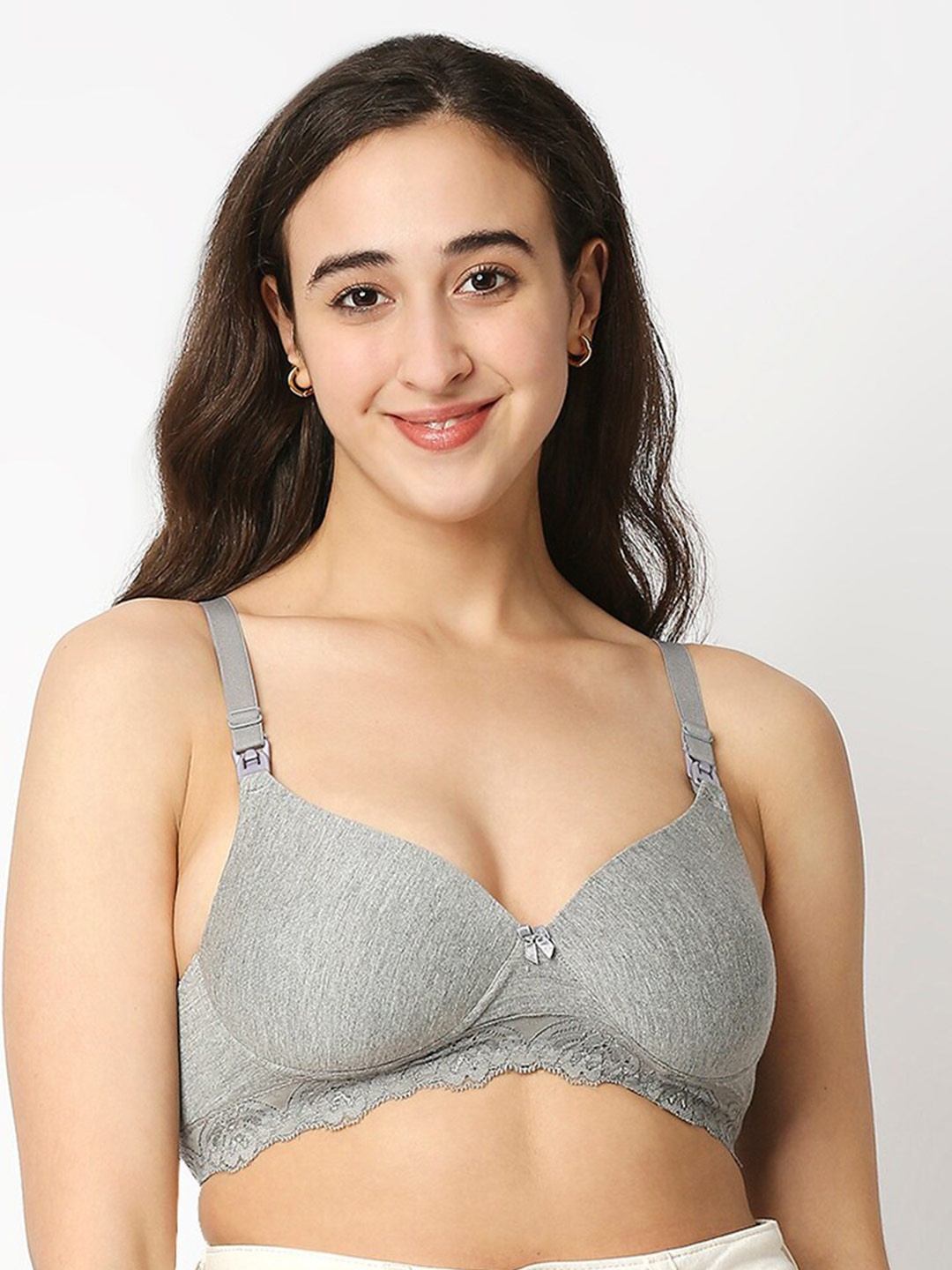 

MeeMee Medium Coverage Lightly Padded Cotton Non-wired Nursing Feeding Maternity Bra -Grey