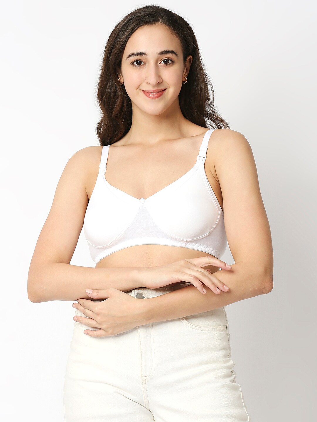 

MeeMee Medium Coverage Lightly Padded Cotton Non-wired Nursing Feeding Maternity Bra, White