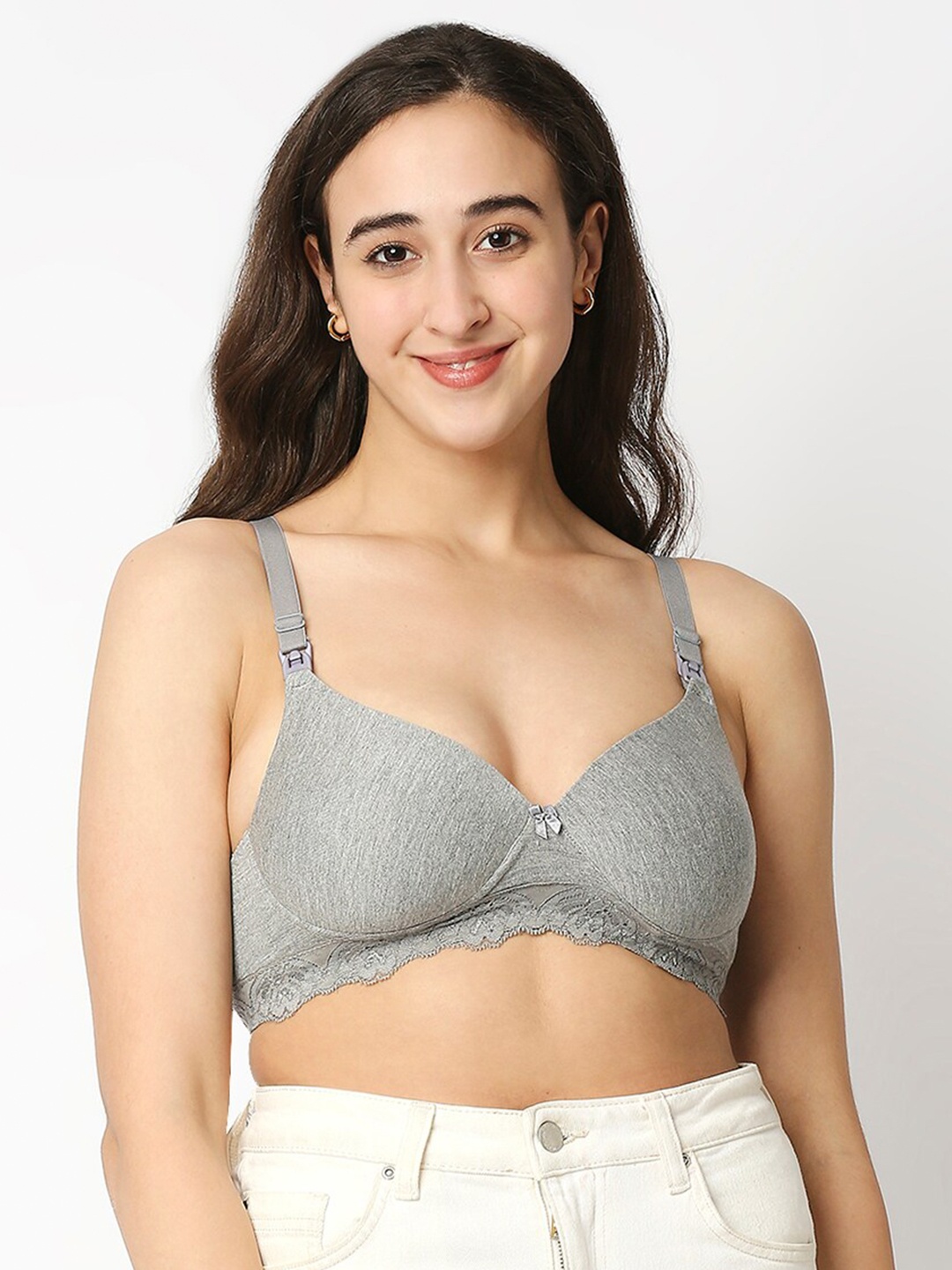 

MeeMee Medium Coverage Lightly Padded Cotton Non-wired Nursing Feeding Maternity Bra -Grey