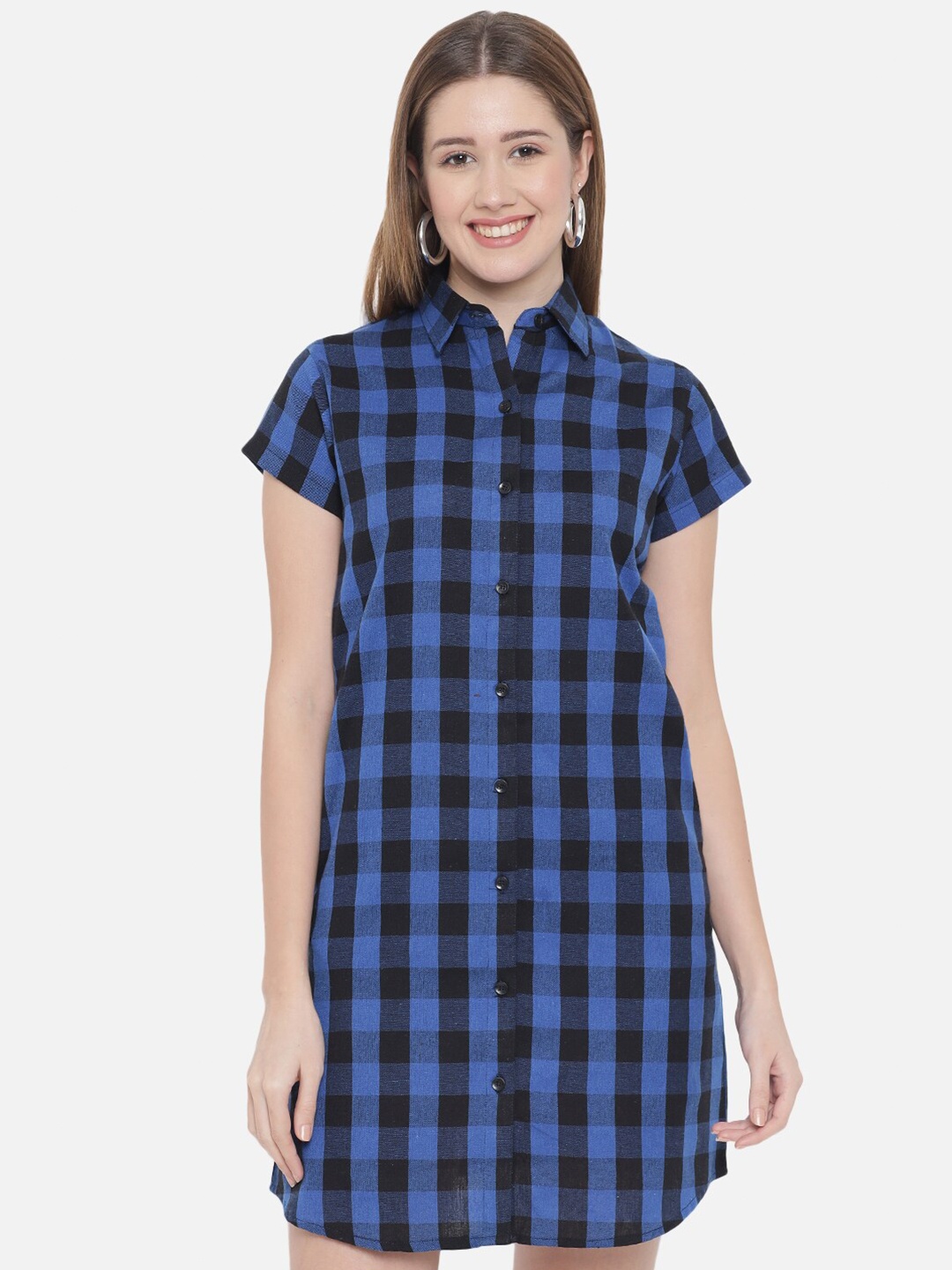 

Indietoga Blue & Black Checked Plus Size Cotton Shirt Dress