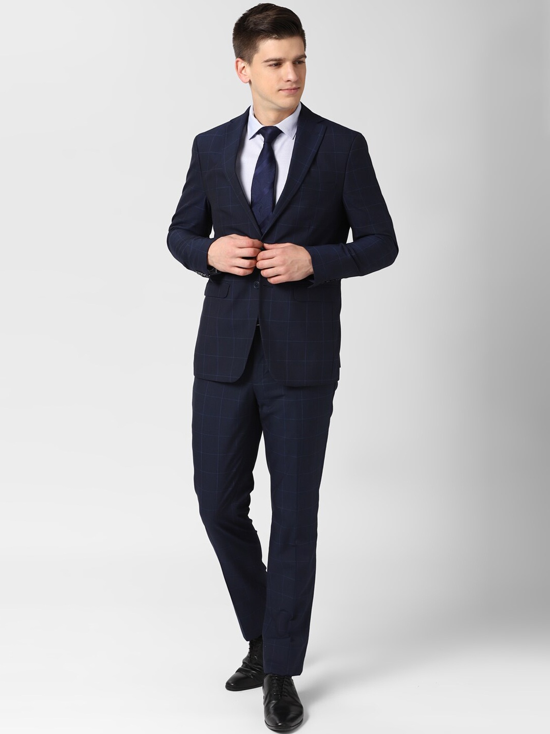 

Peter England Elite Men Navy Blue Checked Slim-Fit 2 Piece Formal Suit