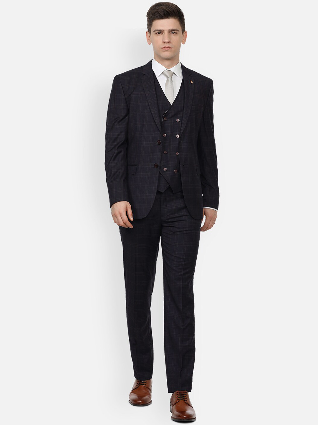 

Van Heusen Men Navy Blue Checked Slim-Fit Single-Breasted 3-Piece Formal Suit