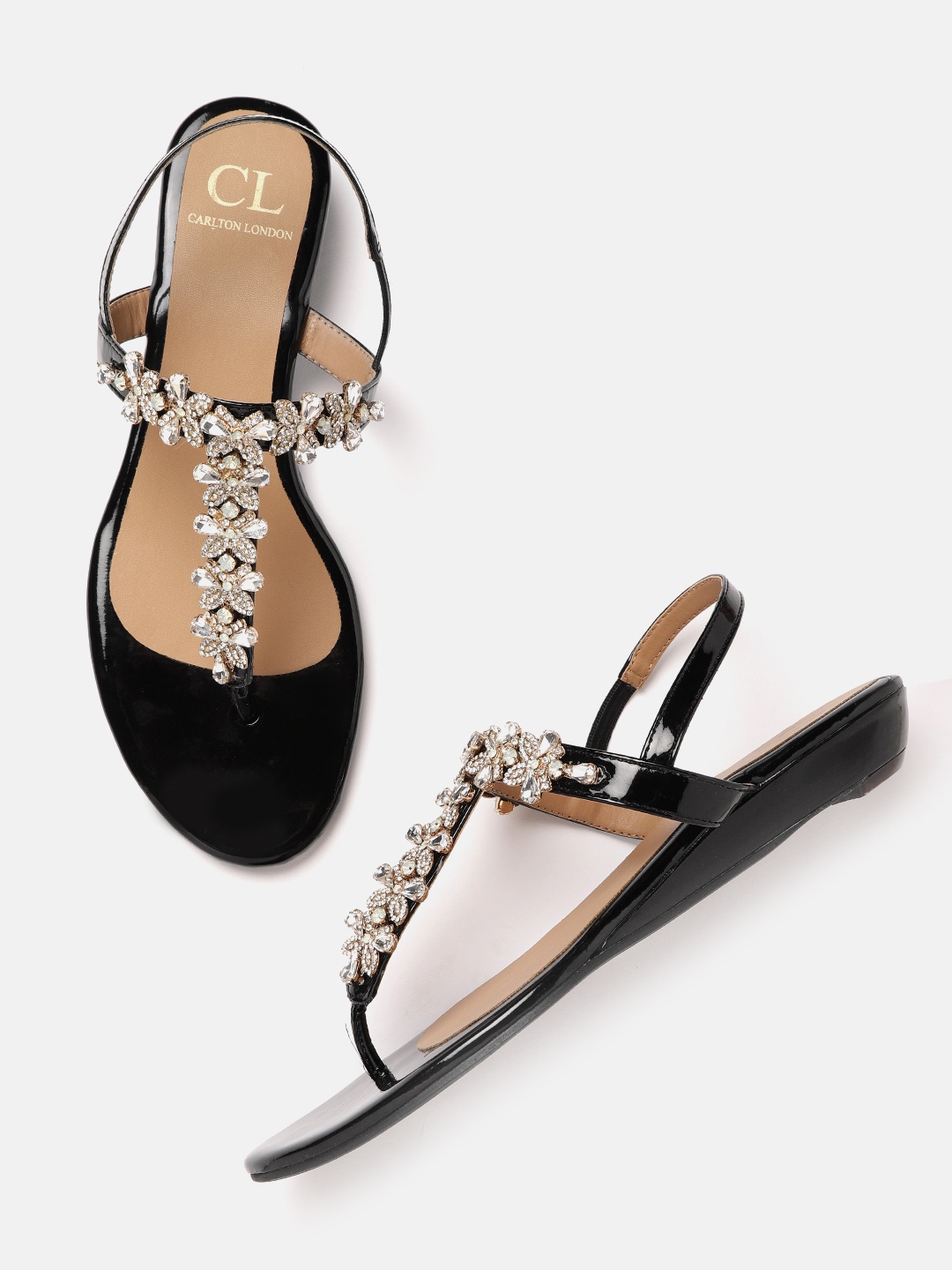 

Carlton London Women Black & Gold-Toned Floral Embellished T-Strap Flats