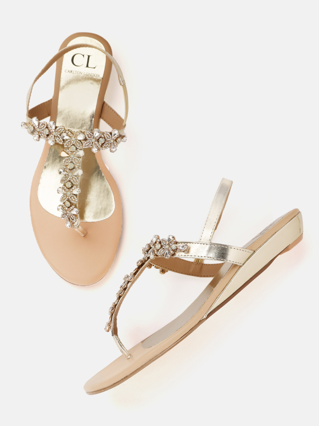 

Carlton London Women Gold-Toned Floral Embellished T-Strap Flats