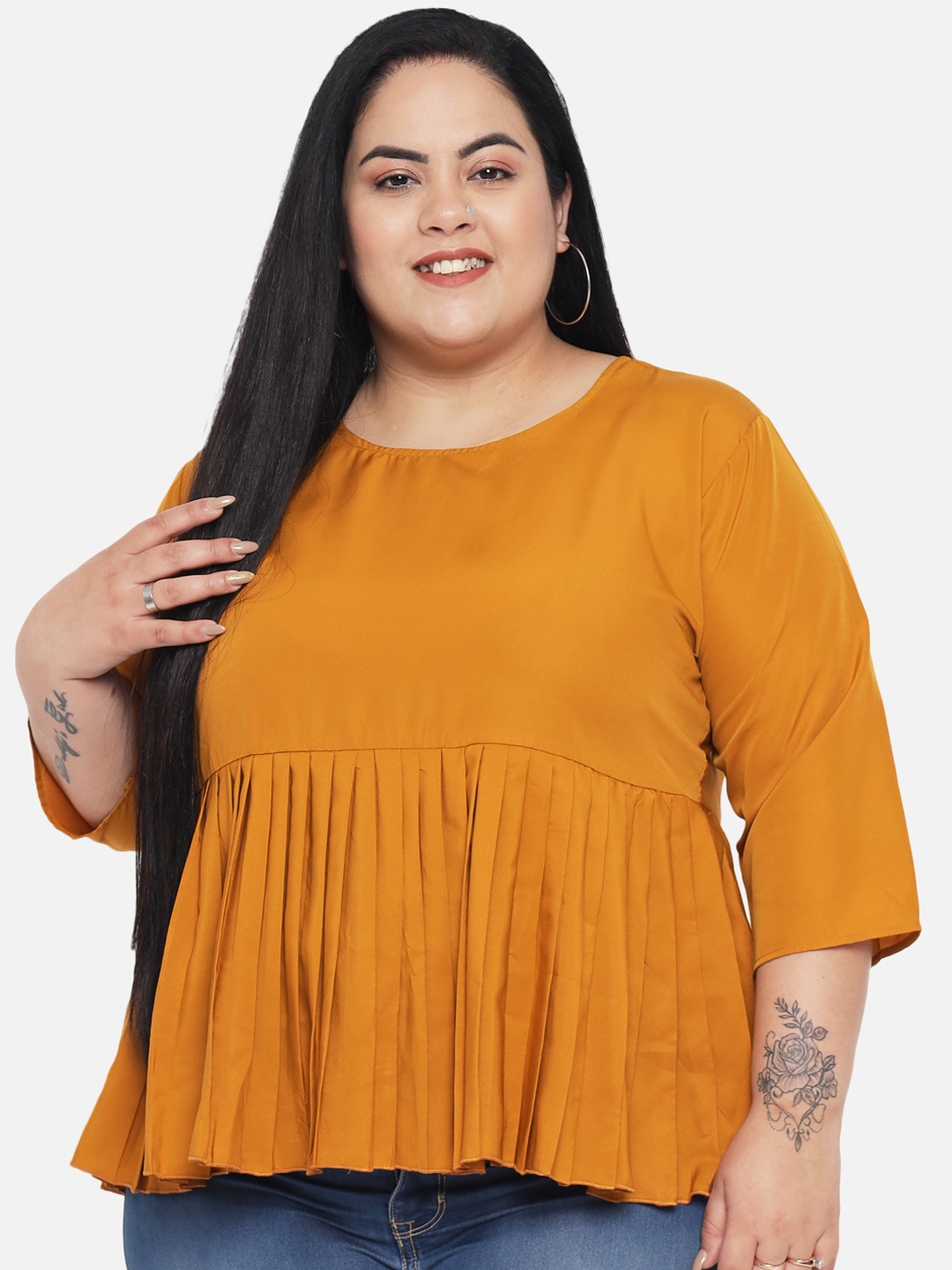 

Indietoga Mustard Yellow Plus Size Solid Waist Accordion Pleated Top