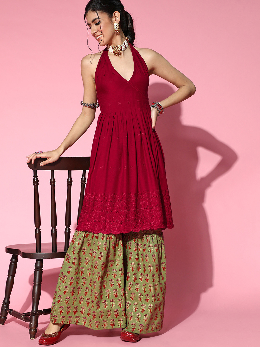 

InWeave Women Maroon & Green Empire Kurta with Sharara