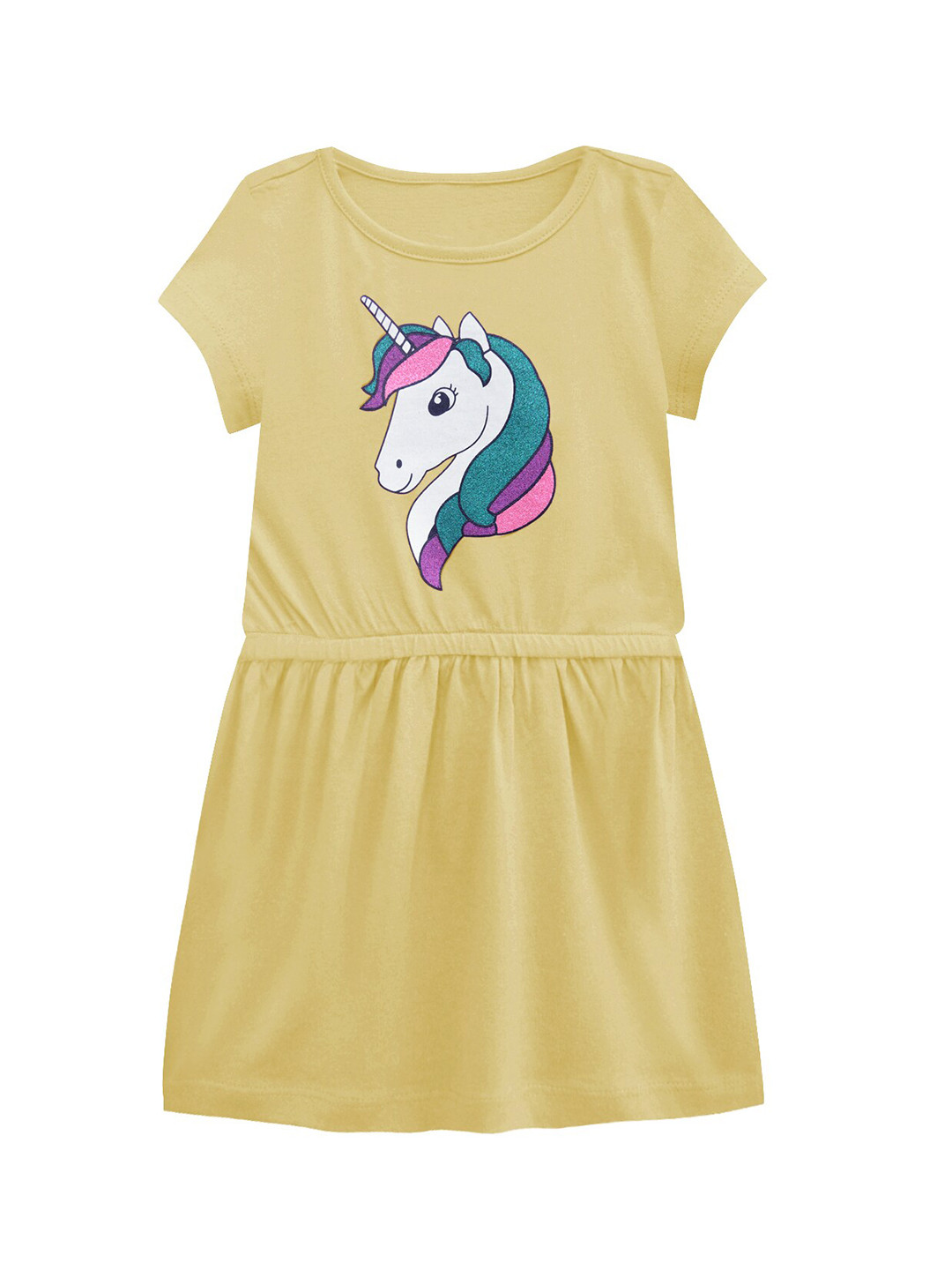 

A T U N Yellow Unicorn Printed Fit & Flare Pure Cotton Dress