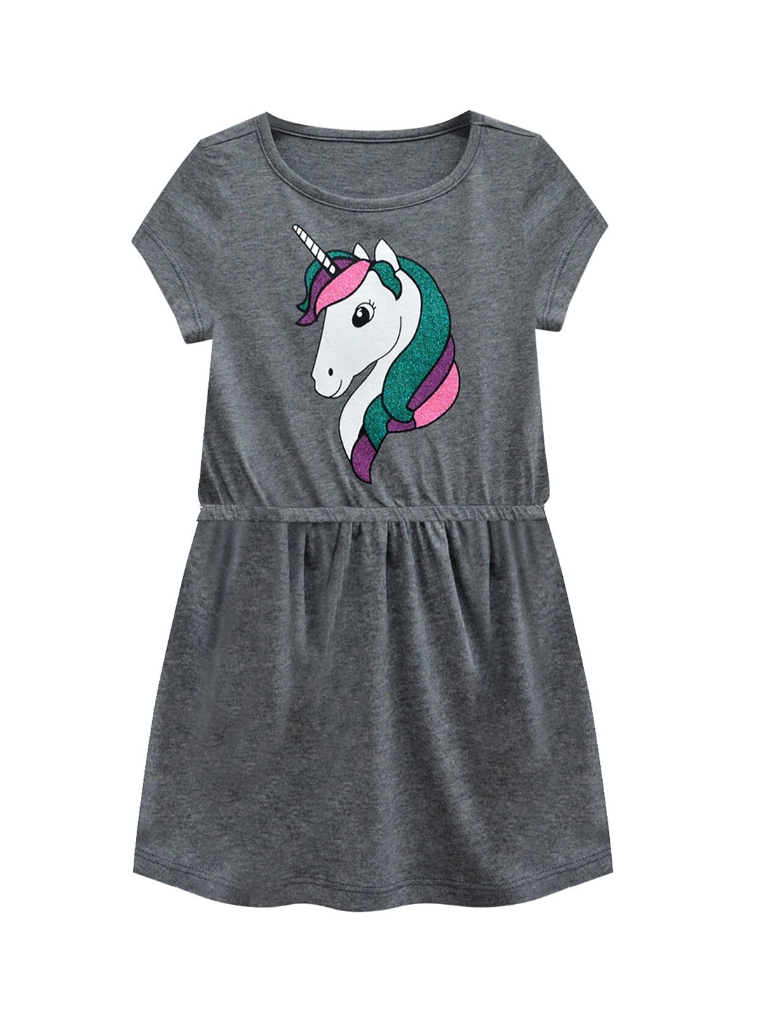 

A T U N Grey Melange Unicorn Printed Fit & Flare Pure Cotton Dress