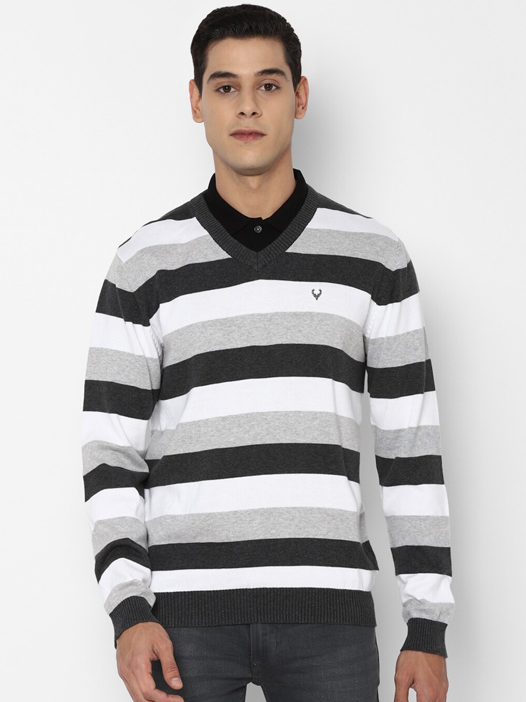 

Allen Solly Men Grey & White Striped Pure Cotton Pullover