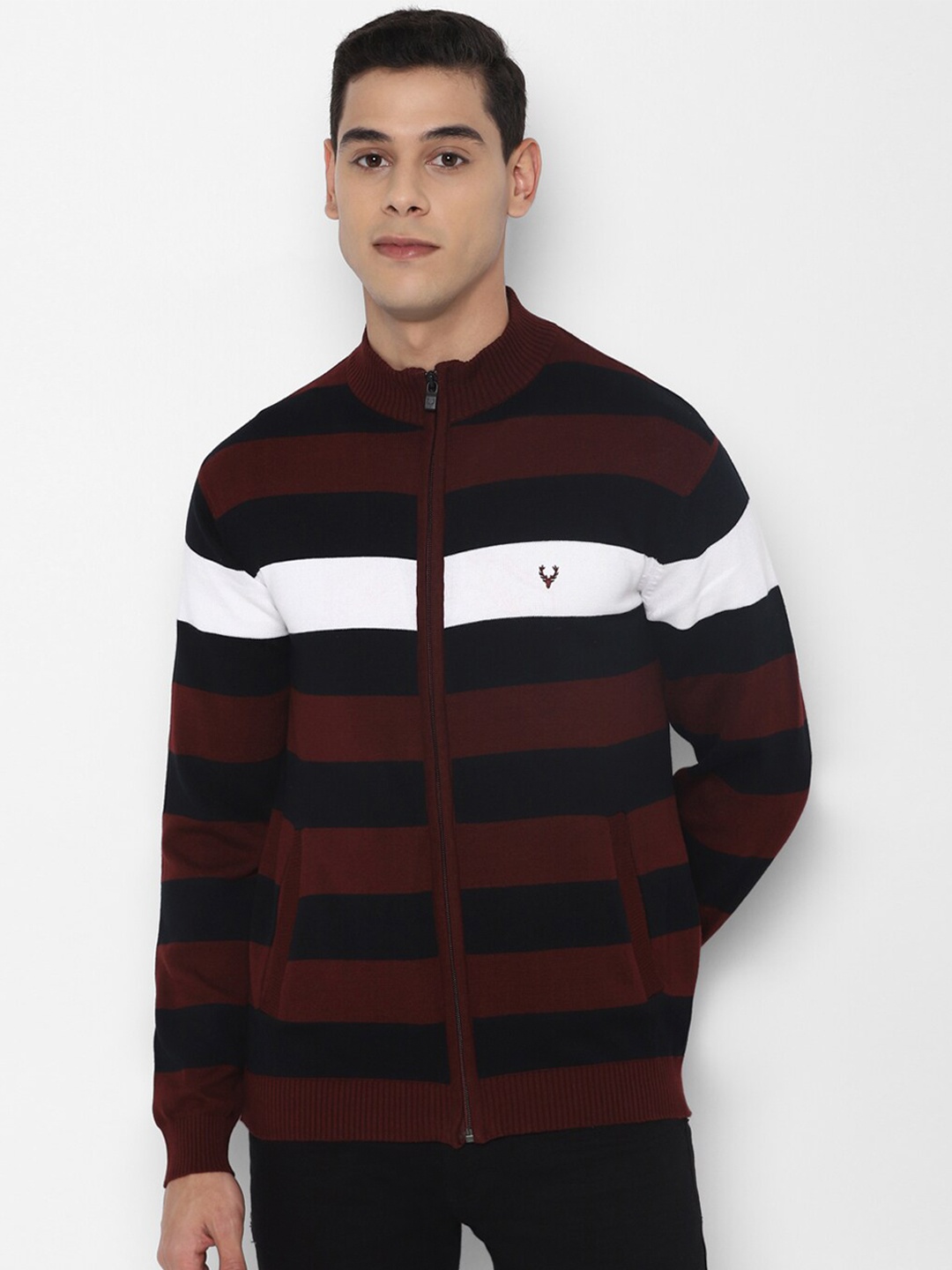 

Allen Solly Men Maroon & White Striped Cardigan