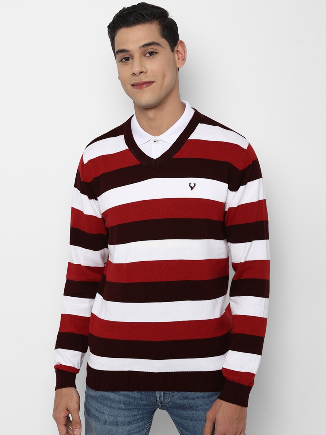 

Allen Solly Men Maroon & White Striped Colourblocked Pure Cotton Pullover